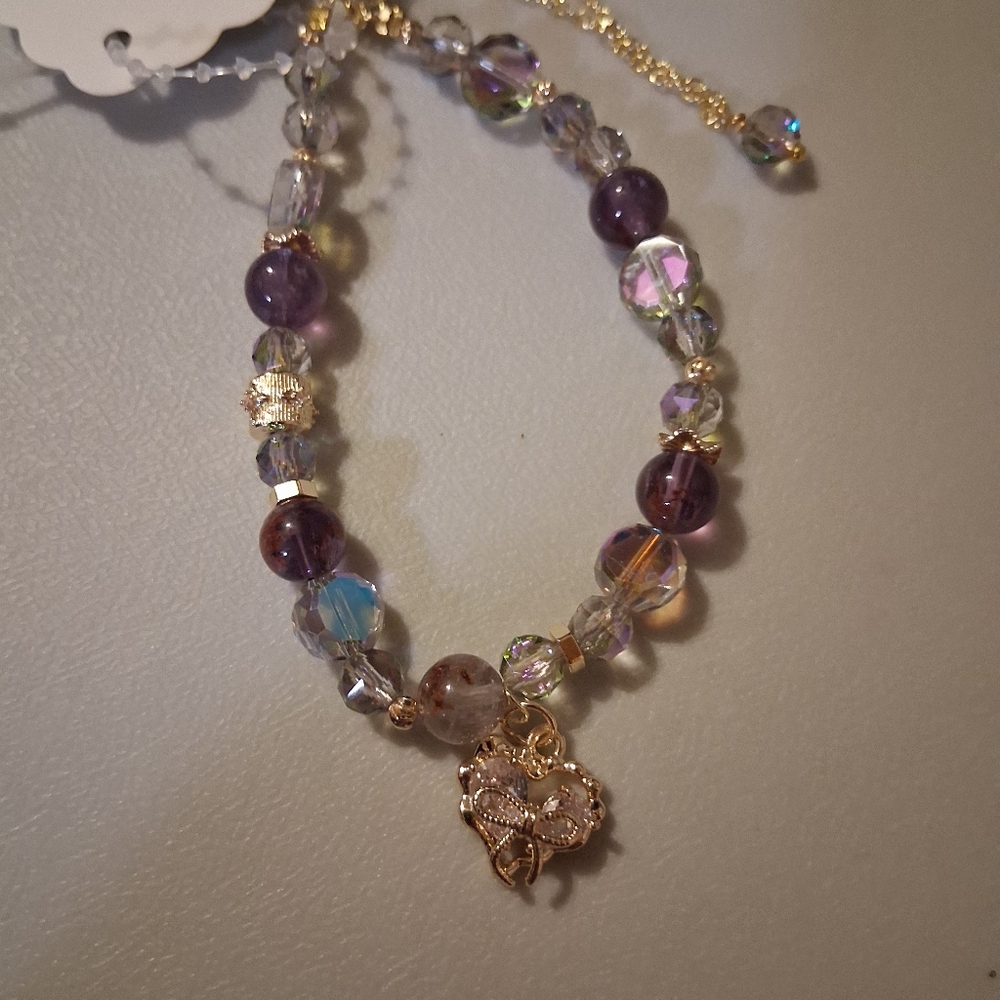 Gold and Purple Beaded Bracelet with Heart Charm